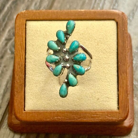Kingman Turquoise 925 Sterling Silver Ring Statement Southwestern Cluster New - Picture 3 of 8